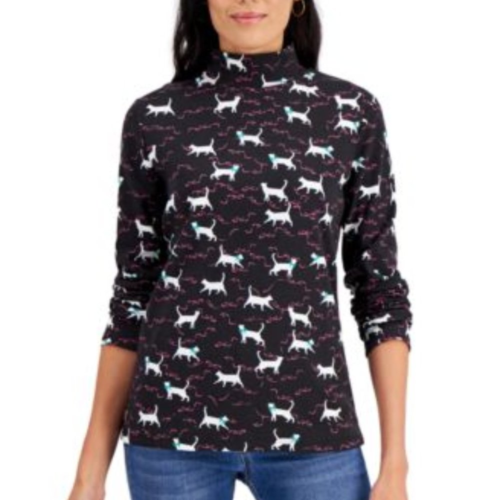 KAREN SCOTT CAT PATTERN MOCK NECK LNG SLV TOP NWT